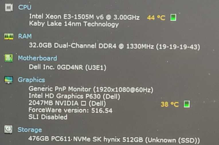 DELL Precision 3520 Intel XEON E3-1505M v6 @ 3.00GHz 32GB RAM, 512GB SSD ~  ~