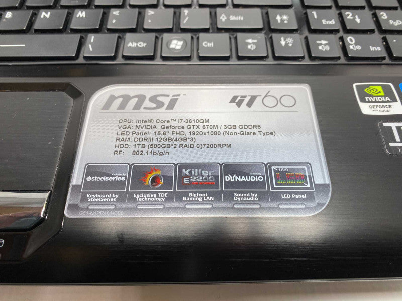 MSI GT60 Gaming Laptop with i7-3610QM CPU 12GB RAM & 2x 500GB HDD Storage  -