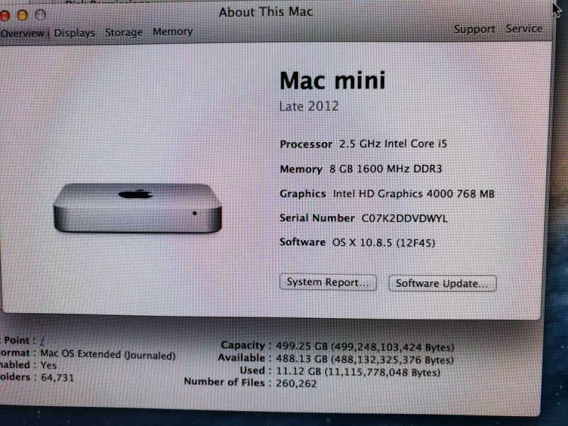 Mac Mini Late 2012 500GB HDD i5 2.5GHz 8GB DDR3 Intel Graphics 4000 512MB ~