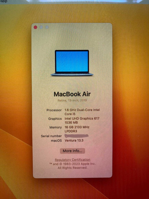 MacBook Air Retina 13-inch 2019 with i5-8210Y 16GB RAM & 250GB Storage  -