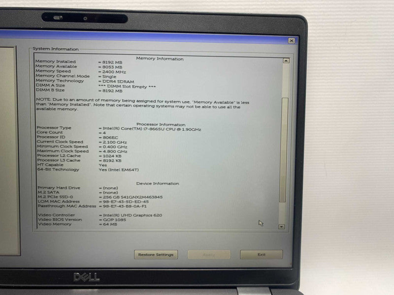 Dell Latitude 5500 with i7-8665u 8GB RAM 256GB NVMe Storage -