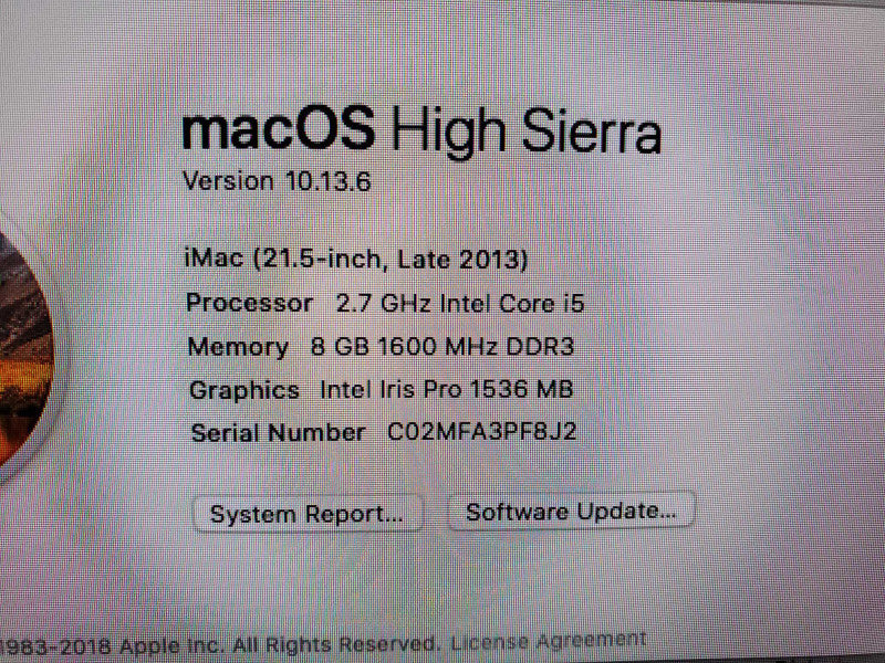 iMac 21.5\\" - L.2013 A1418 i5-4570R 2.7GHz/8GB Intel Iris Pro NO HDD (Read) ~