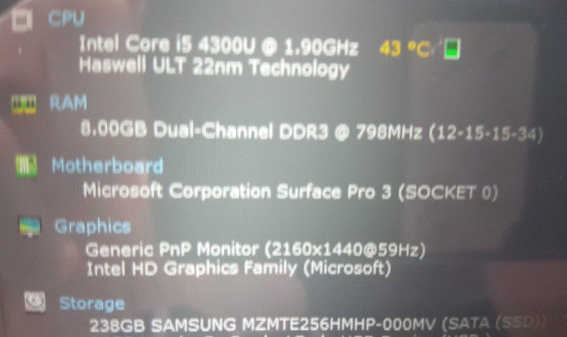 Microsoft Surface 1631 Pro 3 Intel i5 4300U 1.9Ghz / 8GB RAM / 256GB SSD #