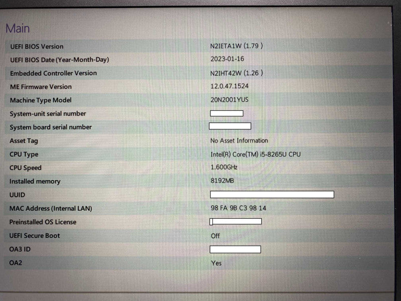 Lenovo T490 with  i5-8265U, 8GB RAM & 256GB SSD -