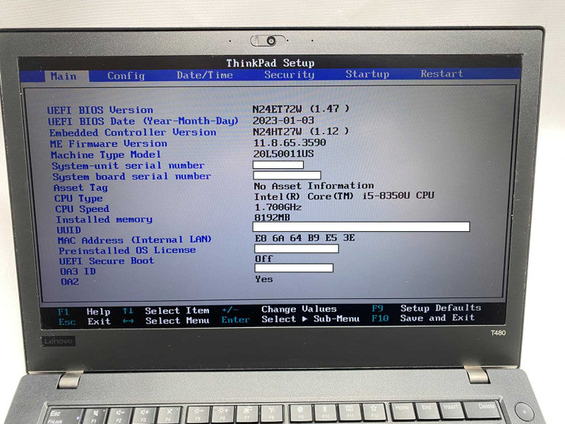 Lenovo Thinkpad T480 with i5-8350U, 8GB Ram & 256GB SSD -