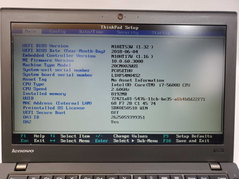 Lenovo ThinkPad x250 Core i7-5600U @ 2.6GHz 8GB DDR3 No HDD (