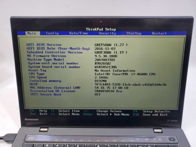 Lenovo ThinkPad X1 Carbon Core i7-4600U @ 2.1GHz 8GB DDR3 No HDD (