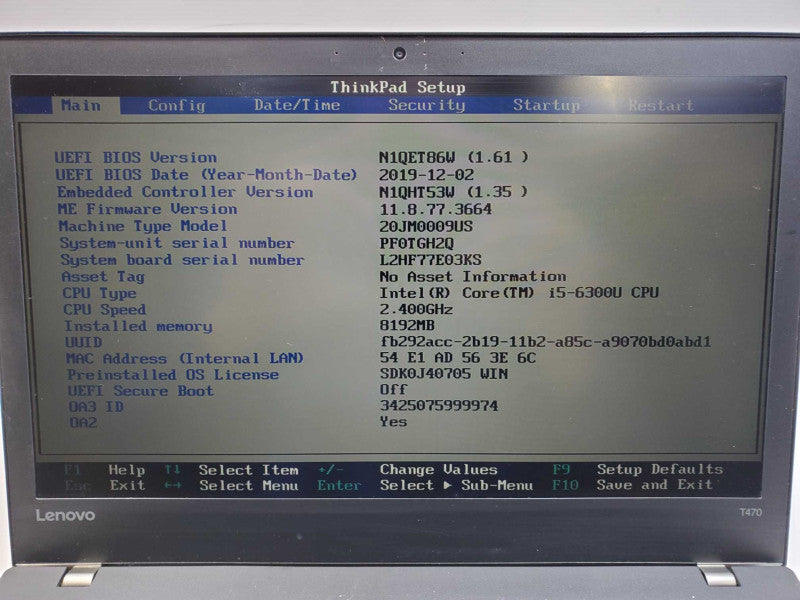Lenovo ThinkPad T470\tIntel i5-6300U @ 2.40 GHz 8GB DDR3 No HDD (