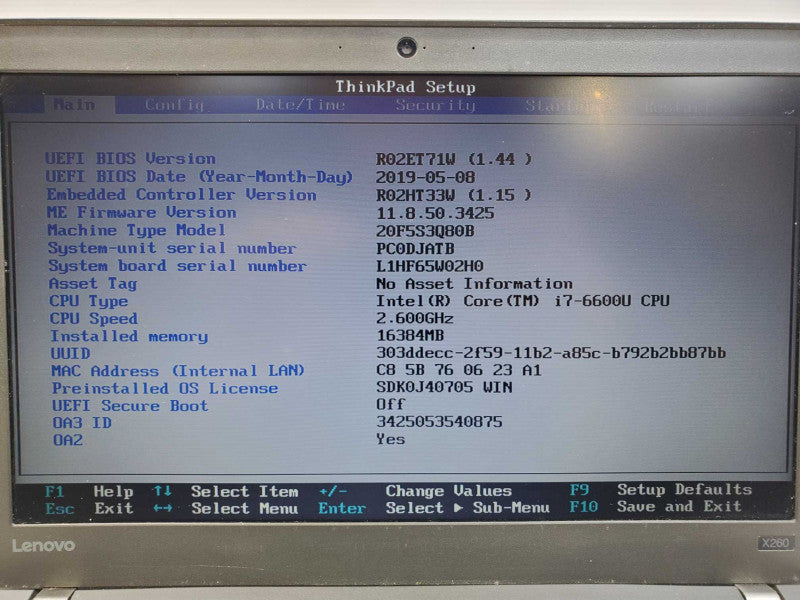 Lenovo ThinkPad X260\tCore i7-6600U @ 2.60 GHz 8GB DDR3 No HDD (