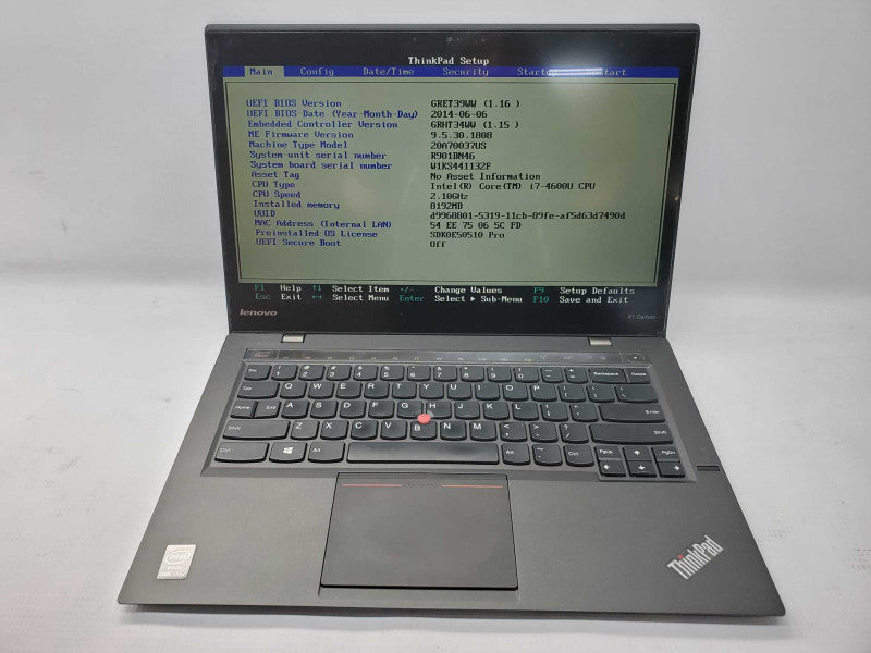 Lenovo Thinkpad X1 Carbon Core i7-5600U @ 2.60 GHz 8GB DDR3 No HDD (