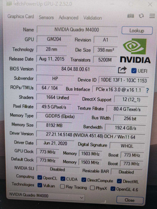 Dell Nvidia Quadro M4000 8GB 4x D-Port PCI-E Graphics Card, TESTED ~