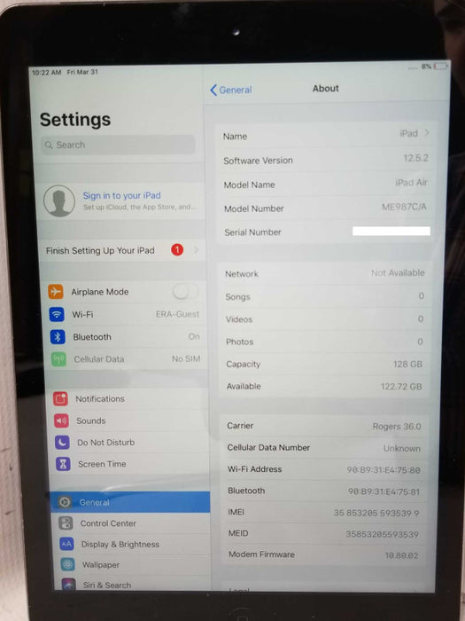 Apple iPad Air (A1475) ME987C/A, 128gb, SIM + WI-FI, Unlocked *Read* _