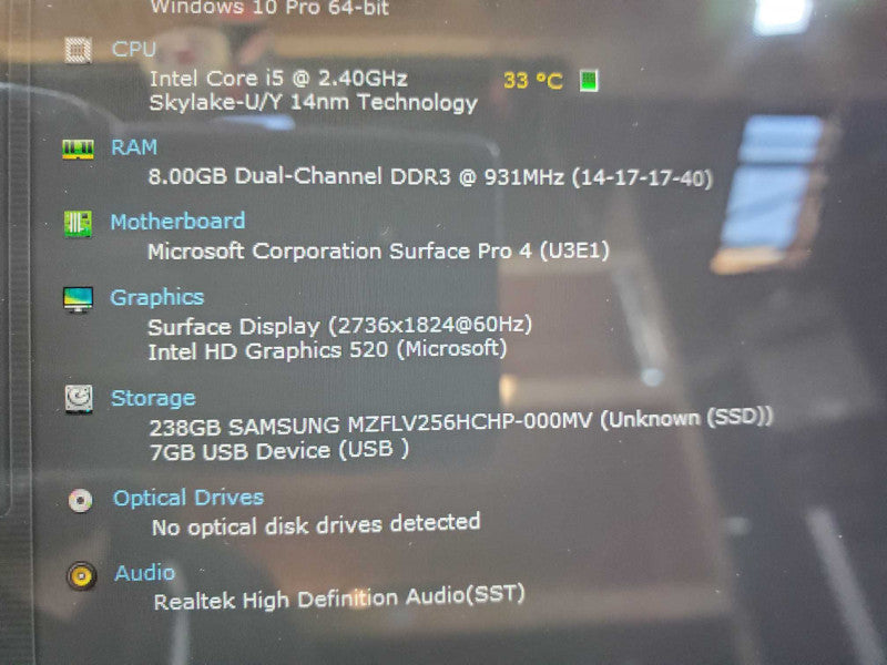 Microsoft Surface Pro 4 Core i5-6300U @ 2.4 GHz 8GB DDR3 250GB SSD [1724] (