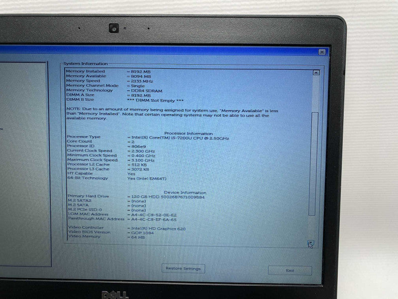 DELL Latitude 5480 with i5-7200U CPU 8GB RAM & 120GB SSD  -
