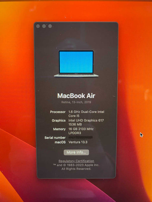 MacBook Air Retina 13-inch 2019 with i5-8210Y CPU 16GB RAM & 250GB Storage  -
