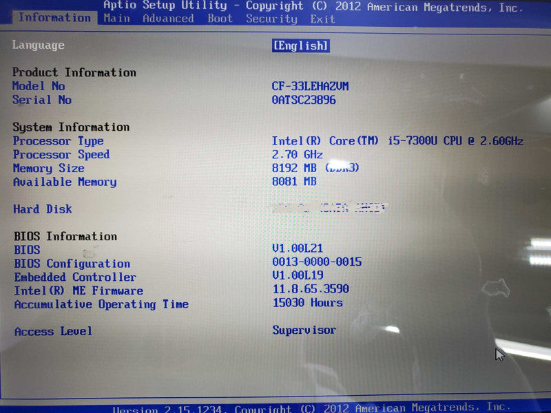 Panasonic CF-33 i5-7300U 2.60GHz, 8GB RAM, No SSD |