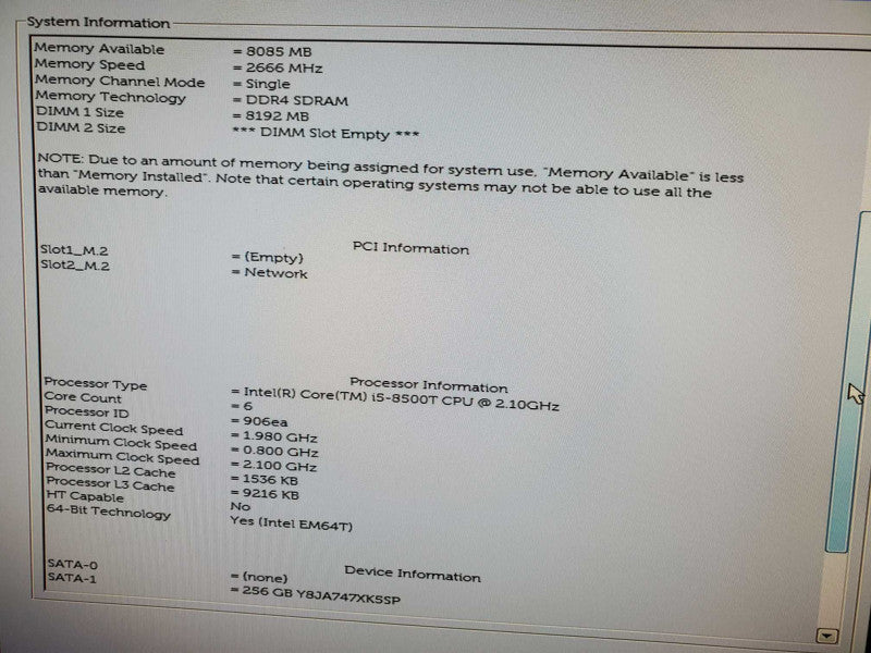 Dell Optiplex 3060 Micro Core i5-8500T @ 2.1GHz 8GB DDR4 250 GB SSD Q~