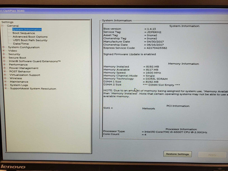 Dell OptiPlex 3040 Core i5-6500T @ 2.5GHz 8GB DDR3 No HDD Q(