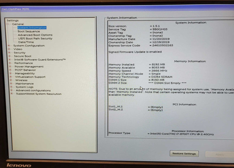 Dell OptiPlex 3070 Core i7-8700T @ 2.4GHz 8GB DDR4 No HDD Q(