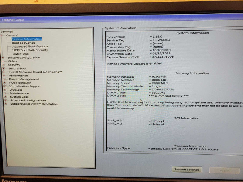 Dell OptiPlex 3060 Core i5-8500T @ 2.1GHz 8GB DDR4 No HDD Q(
