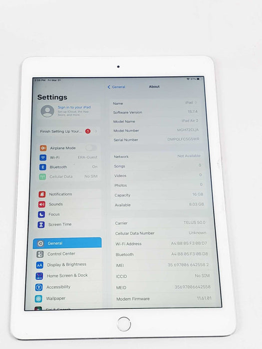 Apple iPAD air 2, 16GB, Wi-Fi + GSM, Carrier unlocked Q_