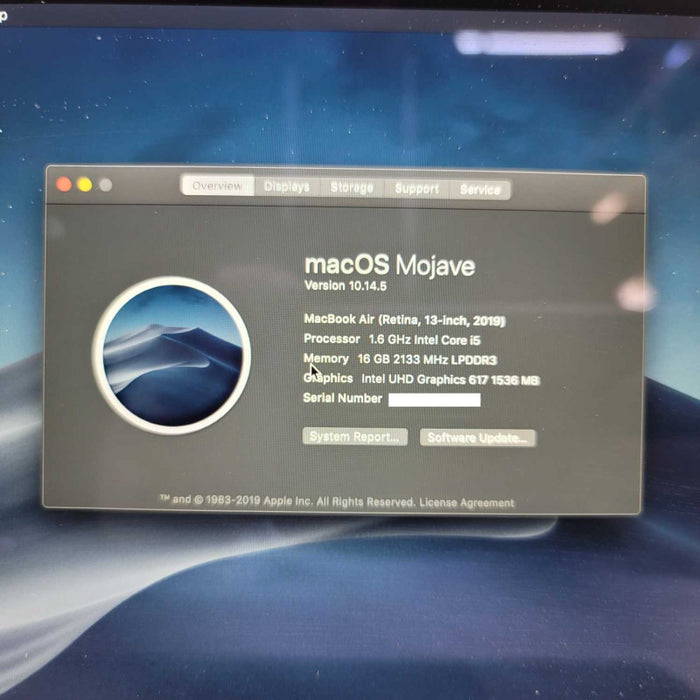 MacBook Air Retina 13-inch 2019 with i5-8210Y CPU 16GB RAM & 120GB Storage =