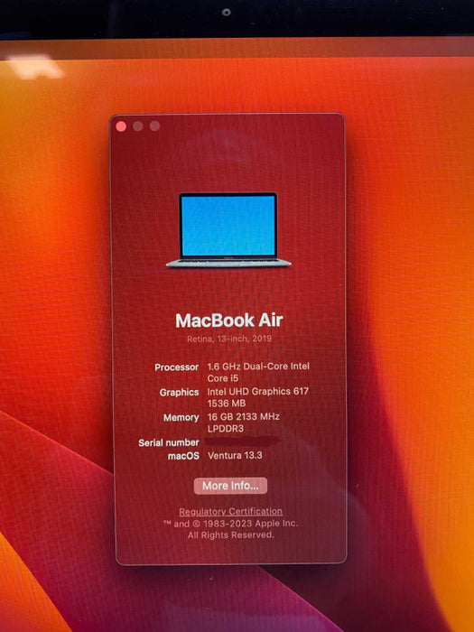 MacBook Air retina 13-inch 2019 with i5-8210Y CPU 16GB RAM & 250GB Storage  -