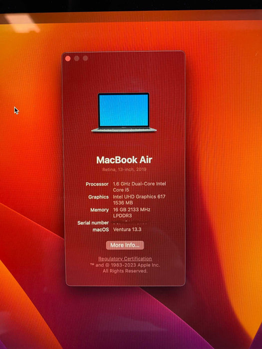 MacBook Air Retina 13-inch 2019 with i5-8210Y CPU 16GB RAM & 250GB  -