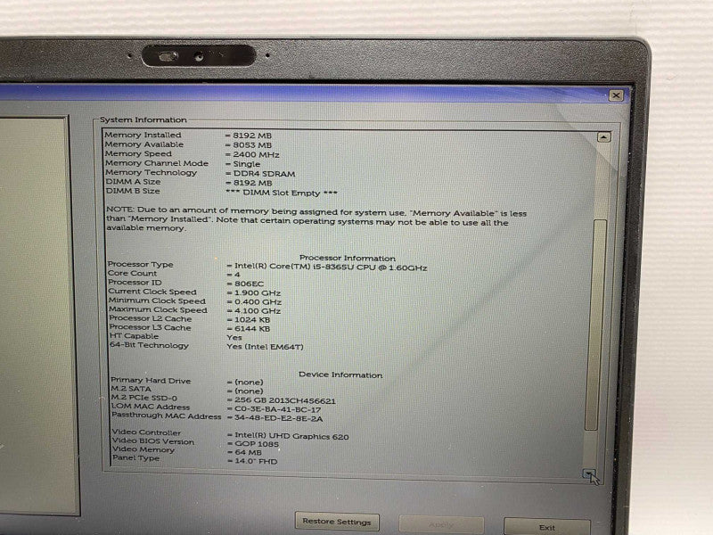 DELL Latitude 5400 with i5-8365U CPU 8GB RAM & 256GB SSD Storage READ  -