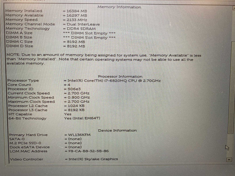 DELL Precision 7510 15.5\\" with i7-6820HQ CPU 16GB RAM & 1TB Hard Drive READ  -