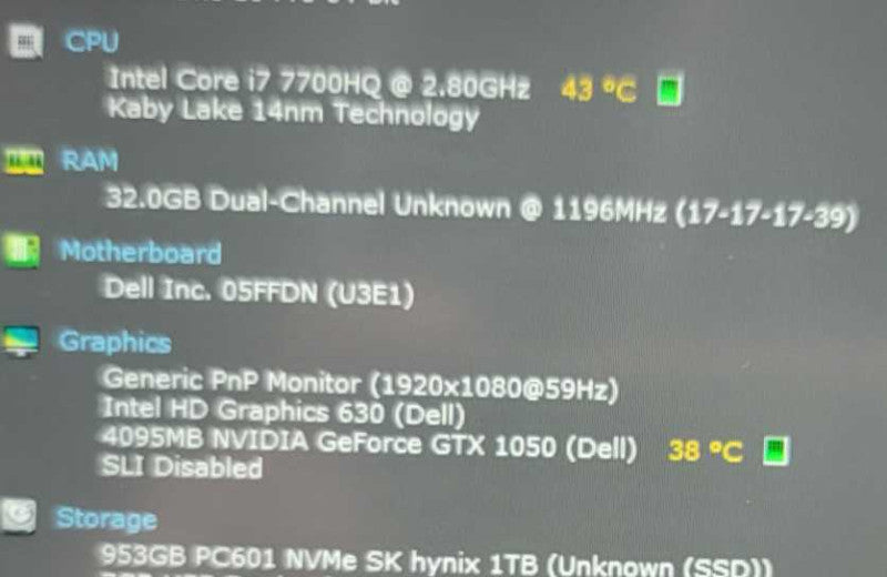Dell XPS 15\\" FHD 9560 i7-7700HQ 2.8GHz 32GB RAM 1TB SSD 1050 =