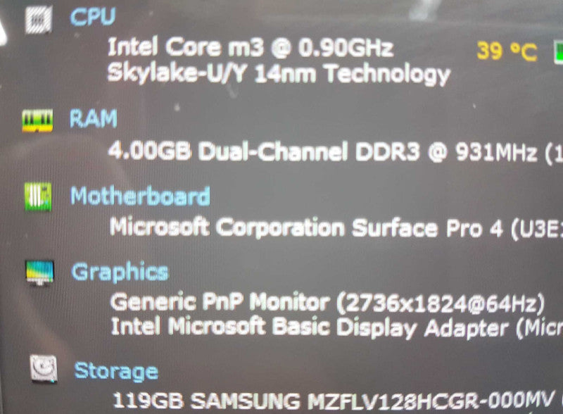 Microsoft Surface Pro 4 M3-6Y30 @ 0.90ghz / 4gb ram / 128gb ssd / READ #