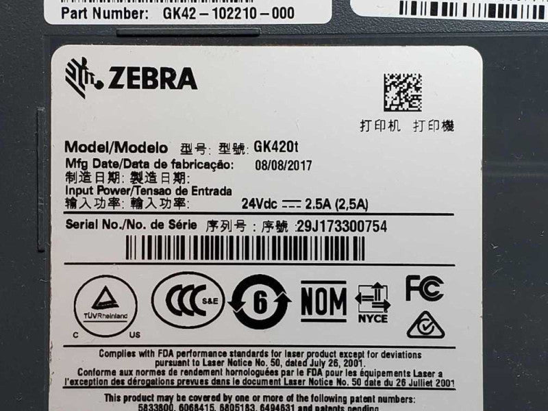 Zebra GK420t GK42-102210-000 Thermal Label Printer ~