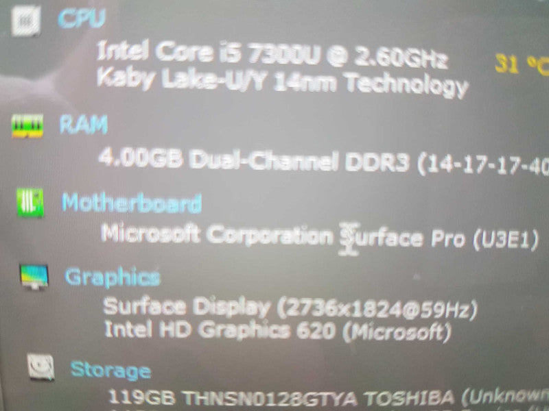 Microsoft Surface Pro 1807 i5-7300U @ 2.60ghz / 4gb ram / 128gb SSD #