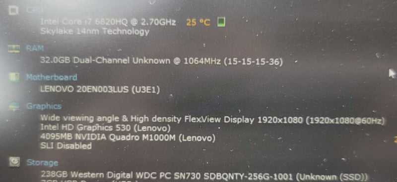 Lenovo ThinkPad P50 15.6\\" FHD i7-6820HQ 2.70GHz 32 GB RAM 256GB SSD M1000M =