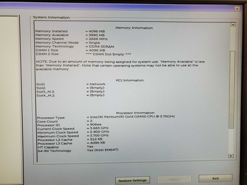 Dell Optiplex 3060 Pentium Gold G5400 @ 3.7GHz 4GB DDR4 No HDD (
