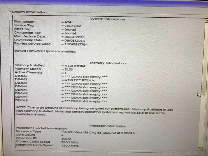 Dell Precision T5810 Xeon E5-1620 V3 @ 3.50ghz 4GB DDR4 NO GPU NO HDD _