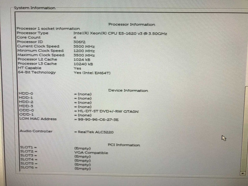 Dell Precision T5810 Xeon E5-1620 V3 @ 3.50ghz 4GB DDR4 NO GPU NO HDD _