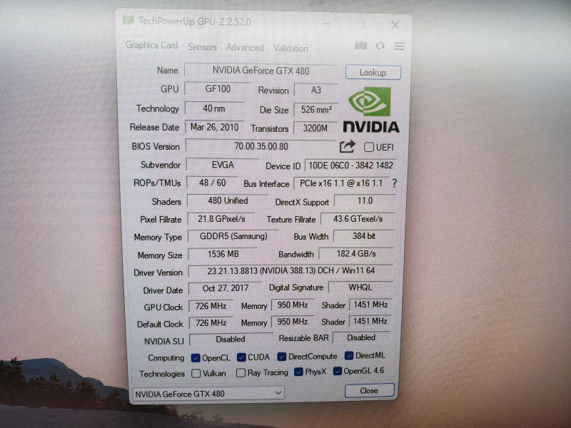 EVGA Geforce GTX480 1.5GB GDDR5 DVI x2 MINI HDMI (