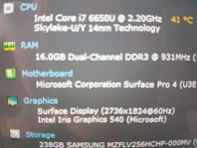 Microsoft Surface Pro 4 i7-6650U @ 2.20ghz / 16gb ram / 256gb SSD #