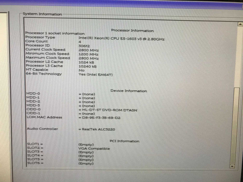 Dell Precision Tower T5810 Xen E5-1603V3 @ 2.8GHz, 16GB DDR4, No GPU Q_