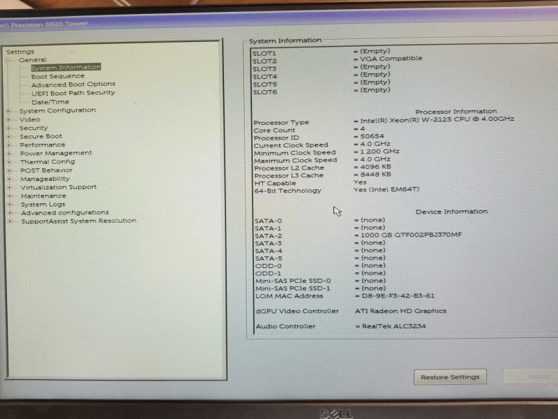 Dell Precision T5820, Xeon W-2125 4GHz, 8GB DDR4, 1TB HDD, FirePro W2100 GPU _
