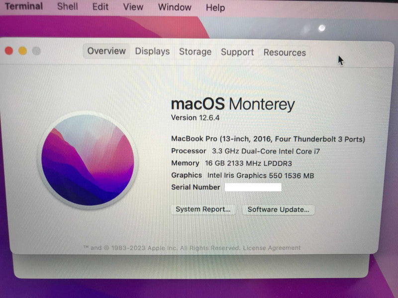 MacBook Pro (2016) 13 inch with i7-6567U cpu, 16GB RAM 250GB