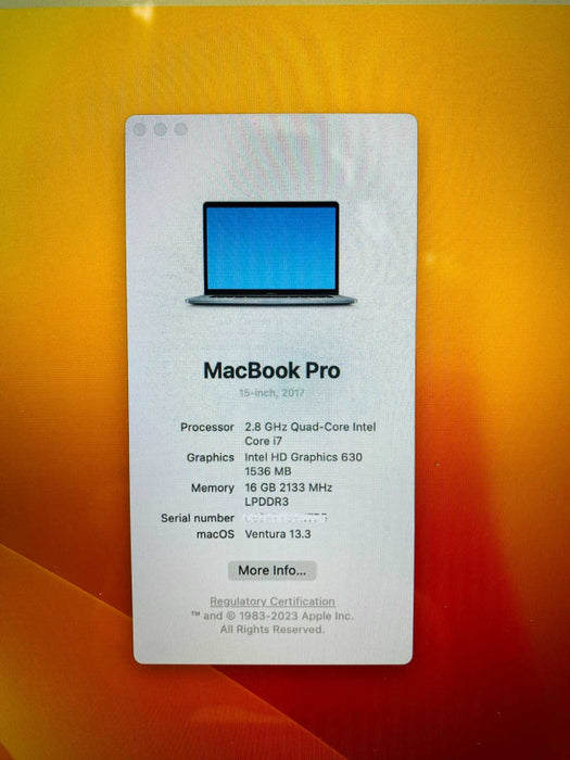 MacBook Pro 15-inch TouchBar 2017 with i7-7700HQ CPU 16GB RAM & 250GB READ  -