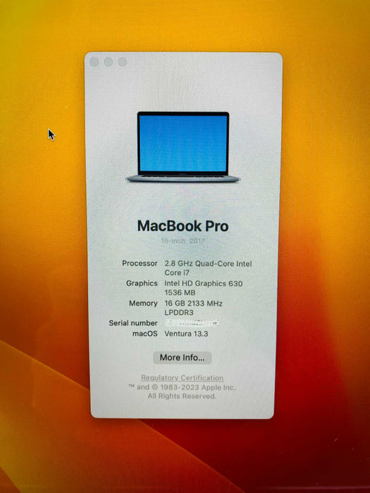 MacBook Pro 15-inch TouchBar 2017 with i7-7700HQ CPU 16GB RAM & 250GB READ  -
