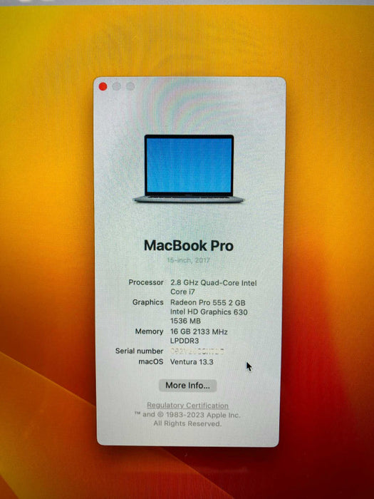MacBook Pro 15-inch Touchbar 2017 with i7-7700HQ CPU 16GB RAM & 250GB READ  -