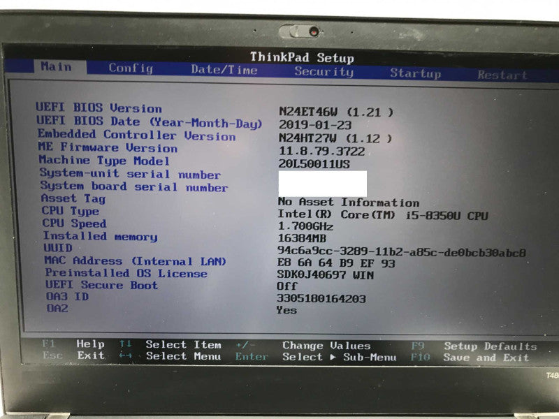 Lenovo 14\\" T480 i5-8350 @ 1.7GHz, 16GB DDR4, 256GB SSD **NO AC