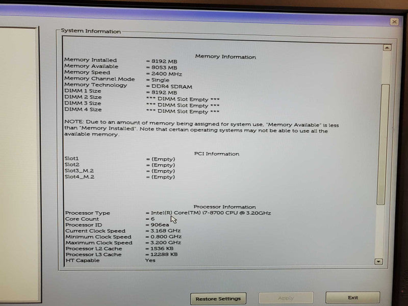 Dell OptiPlex 7060 Core i7-8700 @ 3.2GHz 8GB DDR4 No HDD (