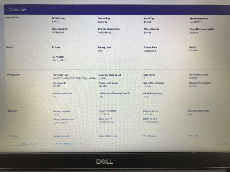 DELL Latitude 3500 I5 8265U 1.6 Ghz, 16 Gb DDR4, SSD 256 Gb **READ