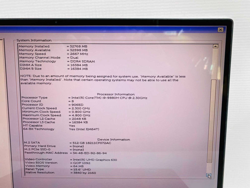 DELL Precision 5540 with i9-9880H CPU 32GB RAM & 512GB SSD Storage  -